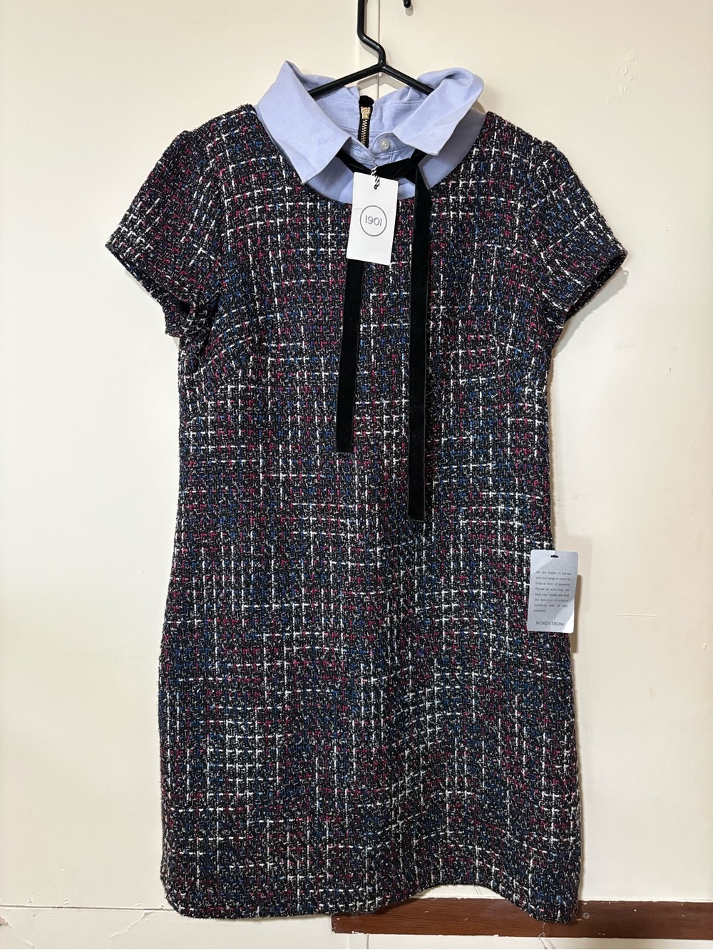 1901 Tweed Midi Dress with Black Velvet Bow and Light Blue Collar